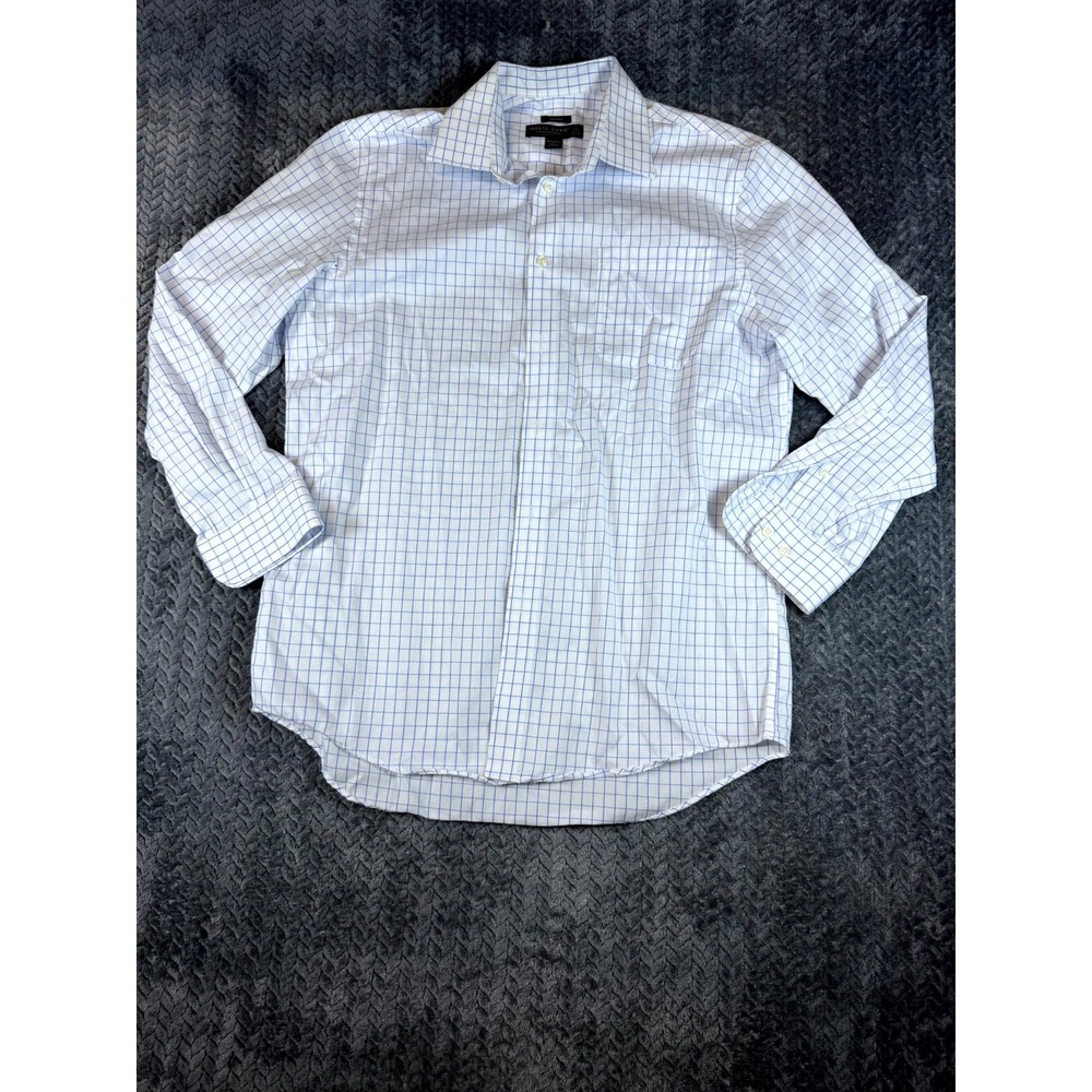 Pronto Uomo Dress Shirt Mens 16 32/33 White Blue Check Cotton Non-Iron Formal